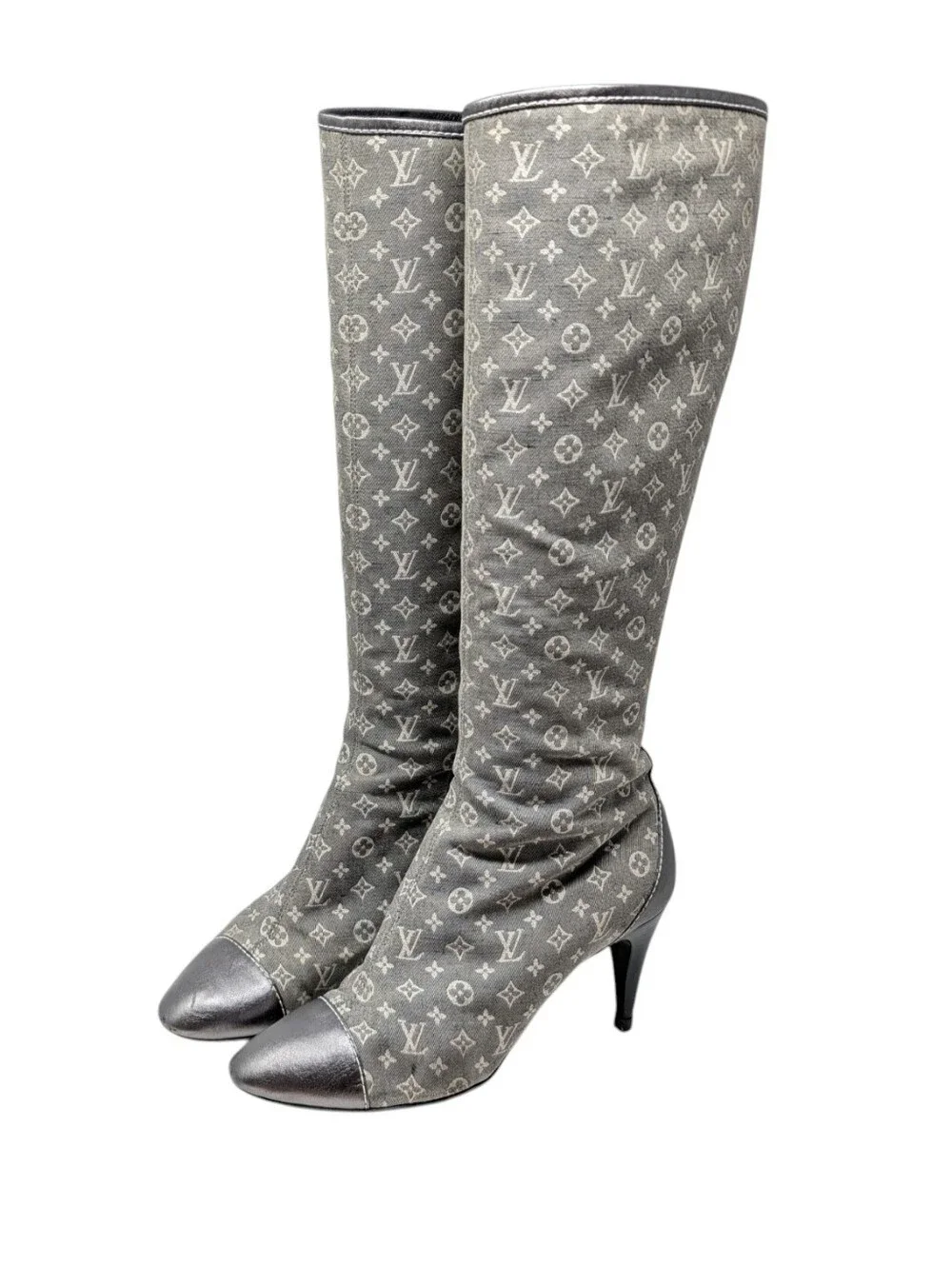 Louis Vuitton Mini Lin Denim Silver LV Monogram Knee High Boots Size EU 36.5